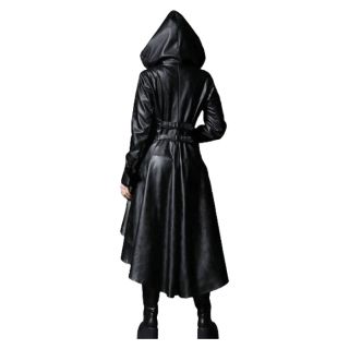 Womens Long Coat With Hood Gothic Style Real Cow Leather Halloween Costume Trench Coat