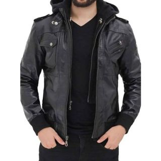 BLACK BOMBER LEATHER JACKET WITH HOOD