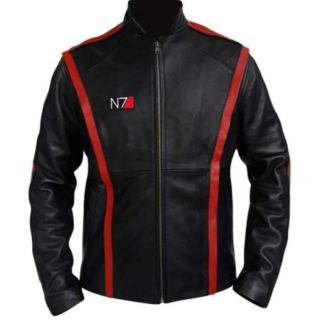 COMMANDER SHEPHARD INSPIRED BLACK MOTORCYCLE LEATHER JACKET FOR MEN - HANDMADE BLACK JACKET WITH RED STRIPES