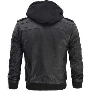 HANDMADE MOTORCYCLE CAFE RACER LAMB LEATHER JACKET WITH REMOVABLE HOOD FOR MEN IN BLACK COLOR