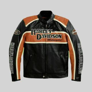 Genuine Men’s Harley Davidson Classic Black & Orange Biker Leather Jacket