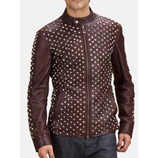 MENS BIKER STYLE STUDDED BROWN LEATHER JACKET