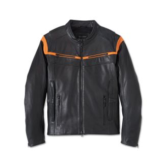 Mens Capitol Triple Vent System 2.0 Leather Jacket Harley Black & Harley Orange