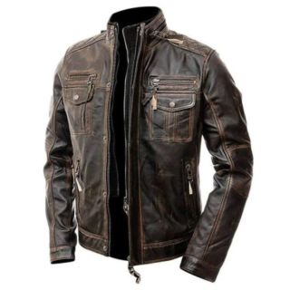 MENS DISTRESSED MOTORCYCLE LEATHER JACKET - DOUBLE POCKET HANDMADE BROWN LEATHER JACKET FOR MEN