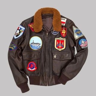 MENS HANDMADE COCKPIT PILOT WWII PETE MAVERICK G1 BROWN BOMBER LEATHER JACKET WITH EMBROIDERED PATCHES