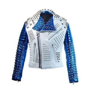 MENS SILVER STUDDED PUNK BIKER LEATHER JACKET
