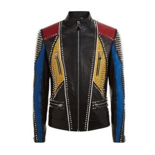 MEN'S STUDDED SLIMFIT MULTICOLOR LEATHER JACKET